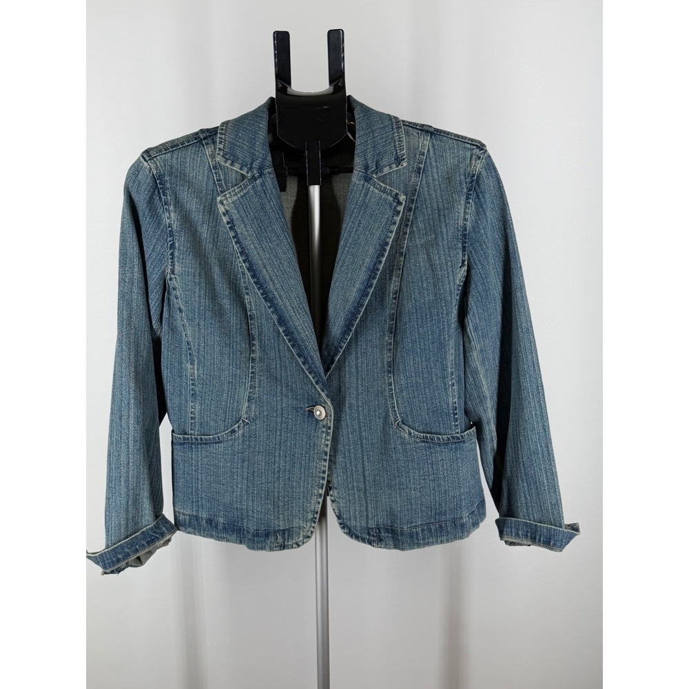 St John's Bay Petite Denim Blazer Jacket Medium‎ Wash Stretch Blue Womens L